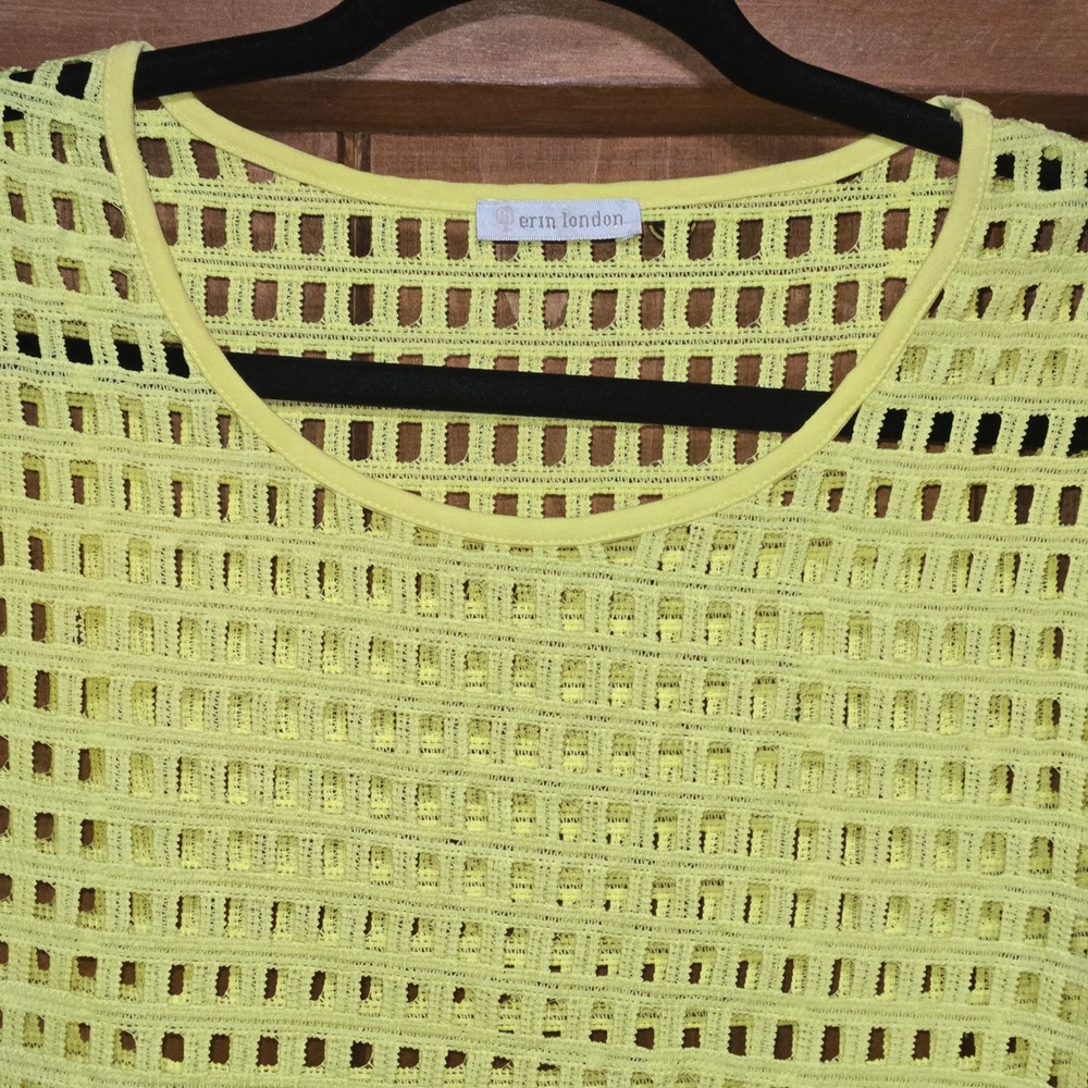 Erin London Yellow Open Knit Crochet Floral Lace Lattice Top 3/4 Sleeve Boho